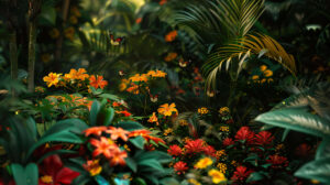 A lively tropical garden full of buzzing bees fluttering butterflies and colorful beetles feasting on nectar rich flowers