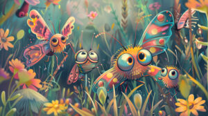 A lively wallpaper showcasing whimsical bugs with exaggerated characteristics and vibrant colors invoking a playful and imaginative atmosphere