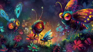 A lively wallpaper showcasing whimsical bugs with exaggerated details and vibrant colors evoking a playful and imaginative atmosphere