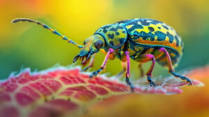 A macro photograph capturing the intricate details of a colorful beetle crawling on a leaf, showcasing nature's miniature wonders