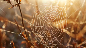 A macro shot capturing the intricate patterns and textures of a spider's web, glistening with dewdrops in the morning sunlight