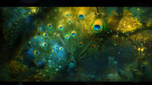 A magical ambiance filled with fairies woodland creatures and peacock feathers creating a whimsical charm in the wallpaper