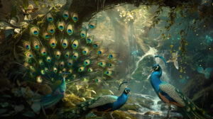 A magical and enchanted wallpaper featuring fairies woodland creatures and peacock feathers that creates a whimsical scene