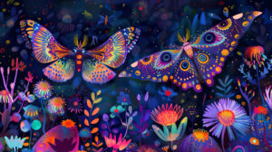 A magical atmosphere is evoked by a quirky wallpaper displaying fantastical moths adorned with vibrant patterns and jewel like colors