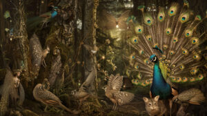 A magical wallpaper unfolds with fairies and woodland creatures wearing peacock feathers in a whimsical setting evoking enchantment