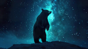 A magnificent black bear standing tall on its hind legs illuminated by the starry night sky in the background captured in majestic black bear against starry night.jpg
