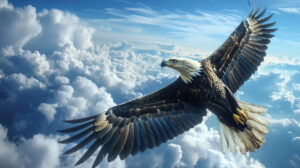 A magnificent wallpaper capturing the breathtaking moment of a large bird soaring gracefully with its wings spread out against a vast blue sky