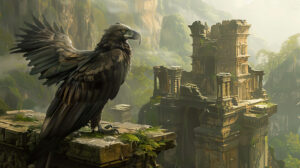 A majestic bird finding peace amidst ancient ruins embodying the serenity and grandeur of time passing by