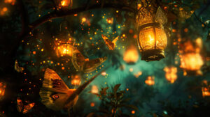 A mesmerizing dance of light and shadow unfolds in a surreal landscape where ethereal moths flutter among glowing lanterns on Glowing Moths wallpaper