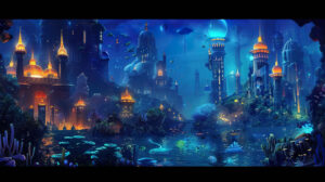 A mesmerizing wallpaper captures the nightlife of Atlantis showcasing its lit towers and aquatic denizens in an ethereal choreography against the sky