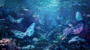 A mesmerizing wallpaper depicting luminescent moths elegantly gliding among coral reefs and shimmering sea plants in a surreal underwater setting