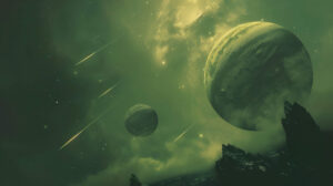 A mesmerizing wallpaper featuring a surreal celestial landscape with planets and shooting stars perfectly aligned in a magical display