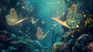A mesmerizing wallpaper portraying luminescent moths gracefully gliding among coral reefs and shimmering sea plants in a surreal underwater setting