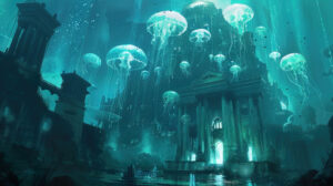 A mesmerizing wallpaper showcasing Atlantis temple encircled by a luminous jellyfish school creating a magical atmosphere