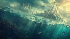 A mesmerizing wallpaper showcasing the radiant brilliance of Atlantis glowing beneath the ocean waves in an otherworldly manner