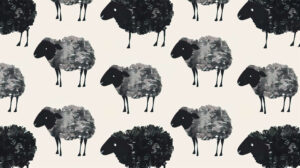 A minimalist design featuring abstract black sheep patterns capturing the essence of rural life in monochrome titled Pastoral Monochrome