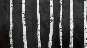 A monochrome wallpaper capturing an abstract forest of birch trees where the white trunks contrast against the dark background
