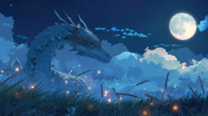 A moonlit meadow where a playful anime dragon chases fireflies capturing innocence makes for a captivating wallpaper titled Dragons Dance