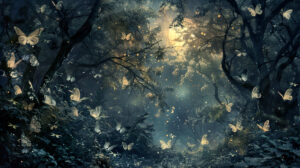 A mystical forest scene with moonlight filtering through the trees, casting a soft glow on a gathering of enchanting moths
