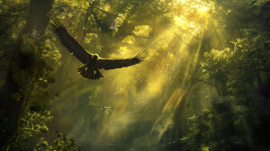 A mystical forest scene with shafts of golden light filtering through the canopy, illuminating the majestic flight of a big bird