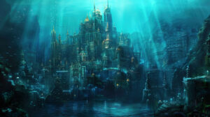 A mystical portrayal of Atlantis rising from the oceans depths illuminated by vibrant bioluminescent hues captured in the wallpaper titled City of Atlantis Emergence