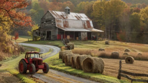 A nostalgic barnyard scene with vintage tractors, hay bales, and a winding dirt road leading past a weathered farmhouse