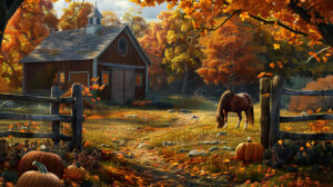A peaceful autumnal barn scene with vibrant leaves turning pumpkins strewn about and a horse grazing by a wooden fence perfect for a cozy wallpaper