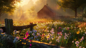 A peaceful barnyard at sunrise, with golden light streaming through the wooden fences onto a field of colorful wildflowers