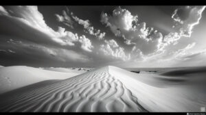 A peaceful desert wallpaper in black and white showcasing vast sand dunes reaching towards the distant horizon under an expansive sky