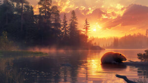 A peaceful lakeside scene, where a beaver emerges from its lodge to bask in the warm glow of the setting sun