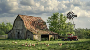 A picturesque barnyard scene featuring free ranging chickens a rustic windmill and a farmers tractor parked next to the barn