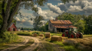 A picturesque farm scene featuring vintage tractors hay bales and a quaint dirt road winding past an aged farmhouse