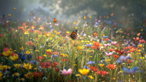 A picturesque meadow adorned with vibrant wildflowers where colorful moths dance gracefully among the sweet scented blooms