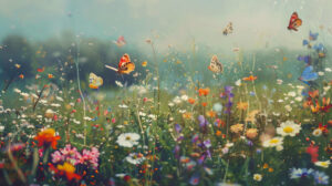 A picturesque meadow teeming with wildflowers and colorful moths fluttering among the fragrant blooms is captured in the wallpaper titled Enchanted Meadow