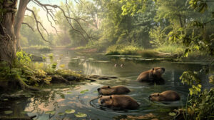 A picturesque riverside scene, with a family of beavers swimming leisurely amid tranquil waters and verdant foliage