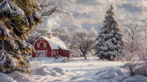 A picturesque snowy scene featuring a charming red barn nestled among snow laden trees with smoke curling from the chimney