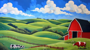 A picturesque wallpaper capturing a charming countryside setting featuring lush green hills a vibrant red barn and cows grazing beneath a clear blue sky