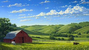 A picturesque wallpaper featuring a rural landscape rolling green hills a red barn grazing cows all under a bright blue sky