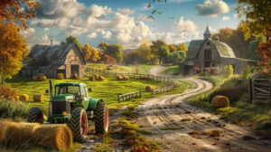 A picturesque wallpaper featuring an old fashioned barnyard setting adorned with classic tractors hay bales and a meandering dirt road passing by a rustic farmhouse