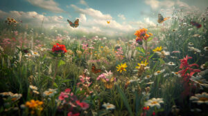 A picturesque wildflower meadow where vibrant moths dance among fragrant blooms is captured in the photograph named Dreamy Meadow Moths