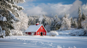 A picturesque winter scene featuring a red barn surrounded by snow draped trees and smoke drifting from the chimney