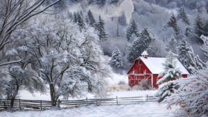 A picturesque wintry scene featuring a charming red barn surrounded by snow laden trees and wisps of smoke escaping the chimney
