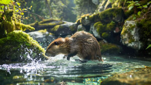 A playful beaver splashing in a clear mountain stream, surrounded by moss covered rocks and lush greenery