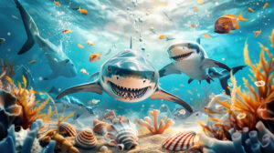 A playful wallpaper showcasing a charming group of sharks joyfully swimming amidst seashells and seaweed in an underwater setting