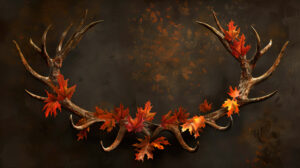 A portrayal of regal antlers embellished with autumn leaves expressing the beauty and change of seasons in nature