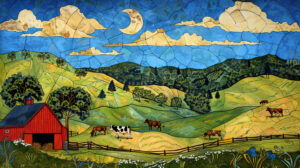 A rustic barnyard scene with rolling green hills, a red barn, and grazing cows under a bright blue sky