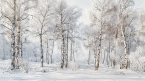 A scene of a cluster of birch trees in a snow draped setting dripping with frost and ice is captured in Birchwood Frosty Haven