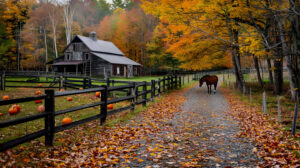 A serene barnyard in autumn, with leaves changing colors, pumpkins scattered around, and a horse grazing near a wooden fence