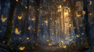 A serene forest at night with moonlight peeking through the trees illuminating a group of captivating moths creating a soft radiant glow