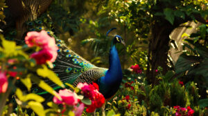 A serene garden filled with lush greenery and vibrant blooms, where peacocks roam freely, displaying their magnificent feathers